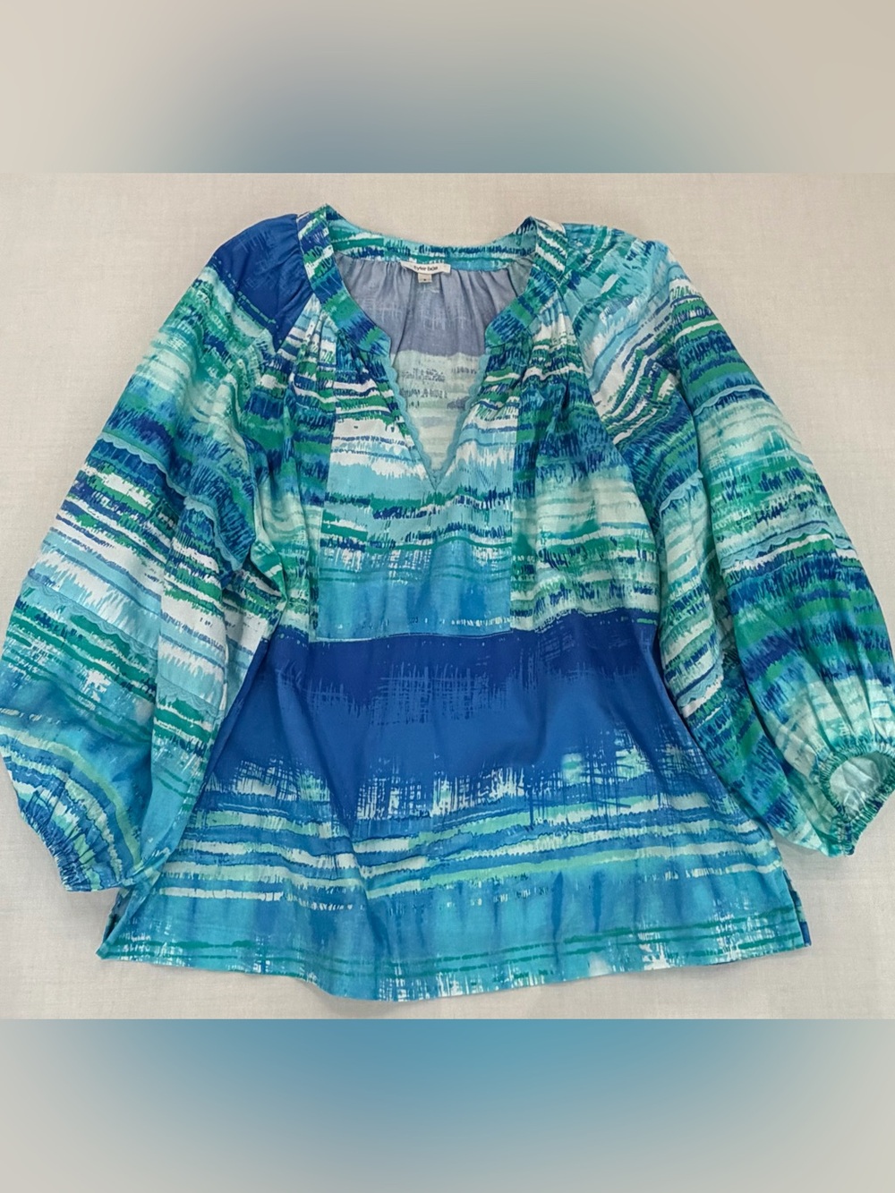 Tyler Boe Blue Green Abstract Stripe Cotton Peasant Blouse Size Small Resort